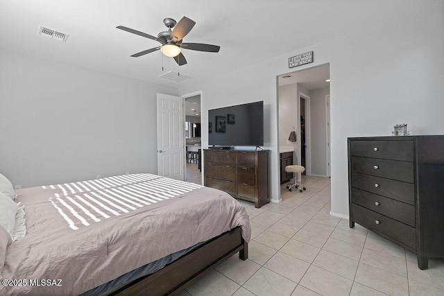 bedroom featuring light tile patterned flooring and ceiling fan