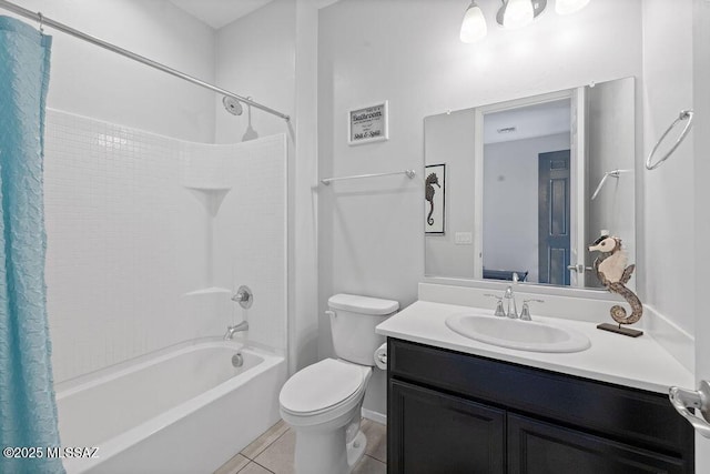 full bathroom featuring shower / bathtub combination with curtain, vanity, tile patterned floors, and toilet