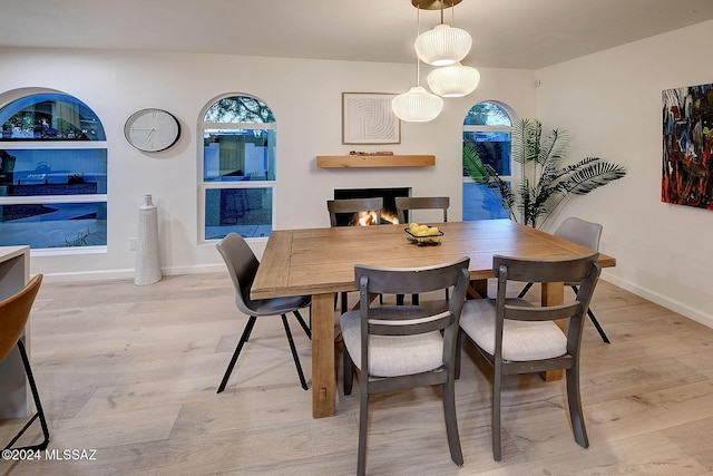 dining space with light hardwood / wood-style floors and built in shelves