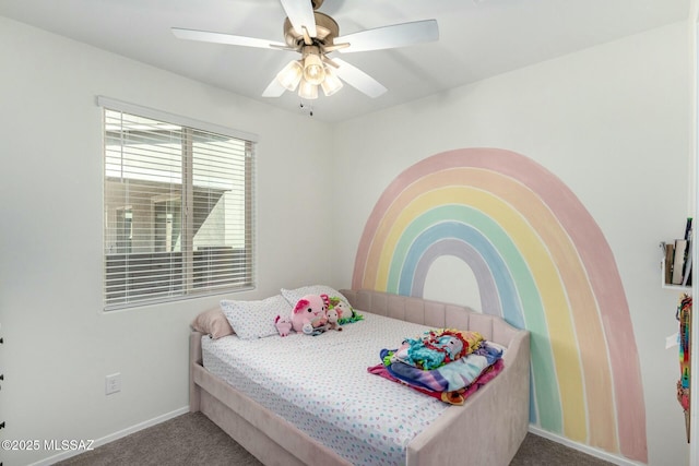 carpeted bedroom featuring ceiling fan