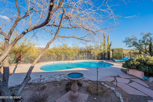 view of swimming pool featuring fence, a patio area, and a fenced in pool