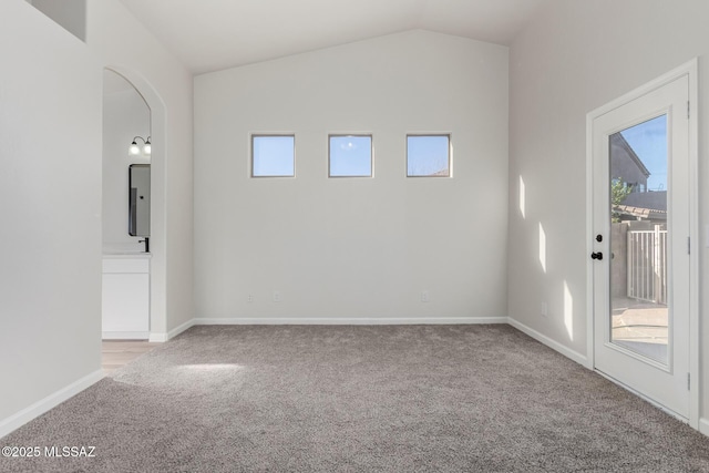 carpeted spare room with a wealth of natural light, electric panel, and lofted ceiling