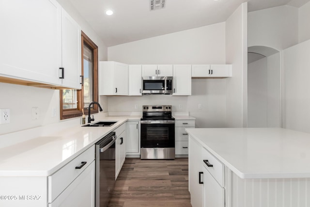 kitchen with vaulted ceiling, dark hardwood / wood-style flooring, sink, appliances with stainless steel finishes, and white cabinetry