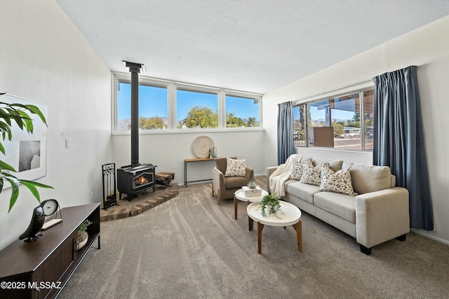 living room featuring a wood stove, carpet, and a textured ceiling