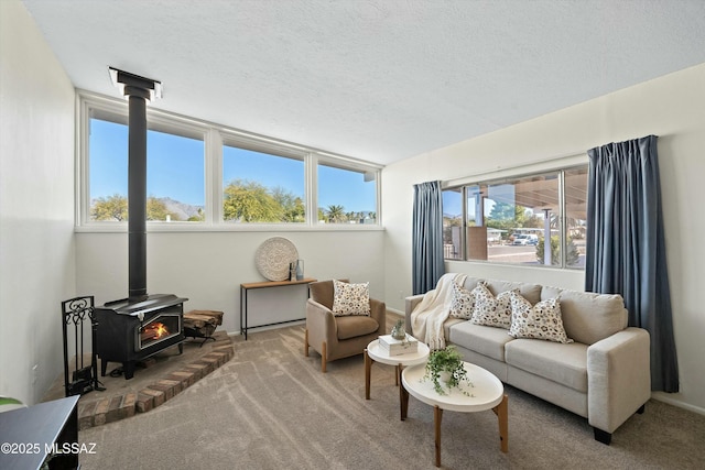 carpeted living room with a healthy amount of sunlight, a textured ceiling, and a wood stove