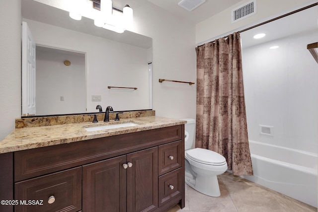 full bathroom with vanity, toilet, and shower / bath combo with shower curtain