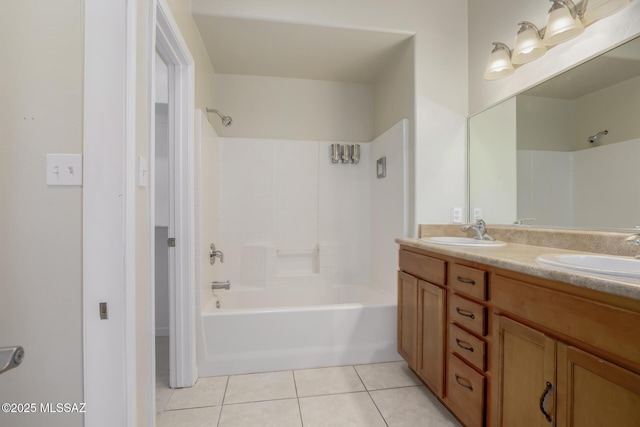 bathroom with shower / washtub combination, tile patterned flooring, and vanity