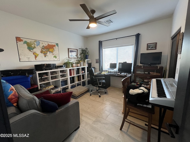 tiled home office with ceiling fan