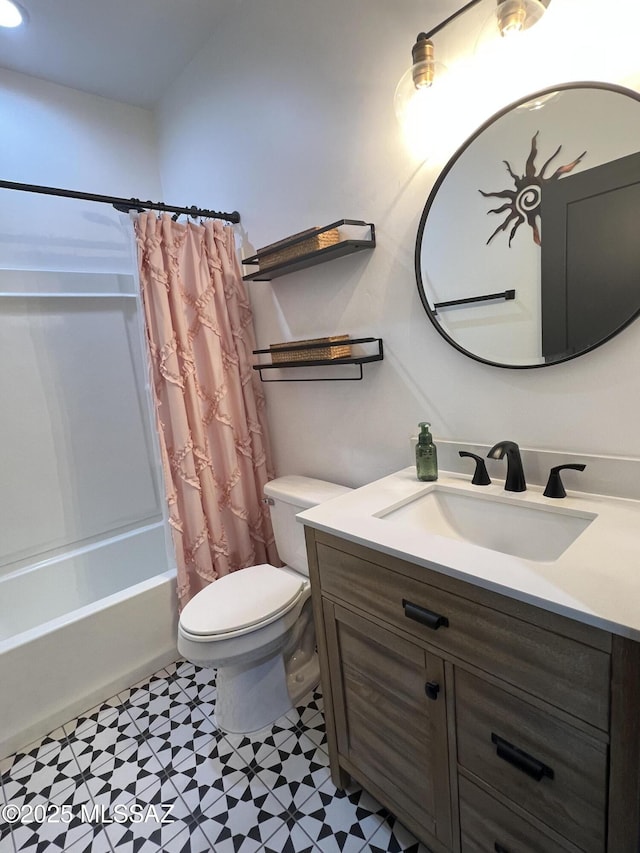 full bathroom featuring vanity, toilet, and shower / bathtub combination with curtain