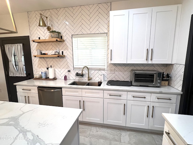 kitchen with sink, backsplash, white cabinets, and dishwasher