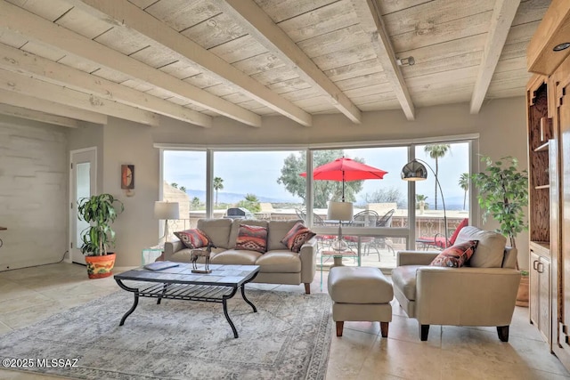 sunroom / solarium featuring wooden ceiling and beamed ceiling