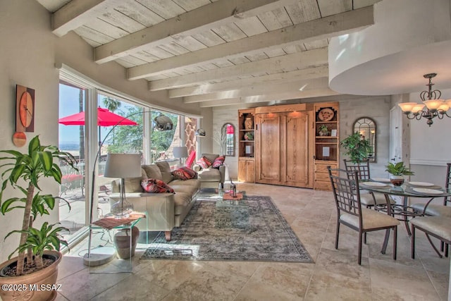 living room with beamed ceiling, an inviting chandelier, and wooden ceiling