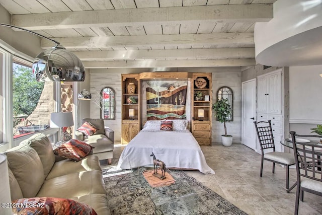 bedroom with beam ceiling and wooden ceiling