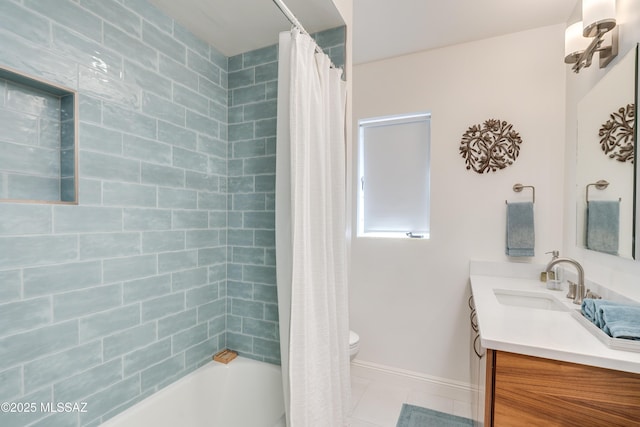 full bathroom with vanity, shower / bath combination with curtain, tile patterned floors, and toilet