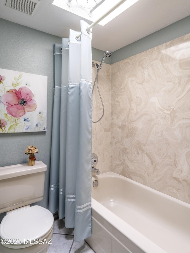 full bathroom with toilet, shower / bathtub combination with curtain, visible vents, and a textured wall