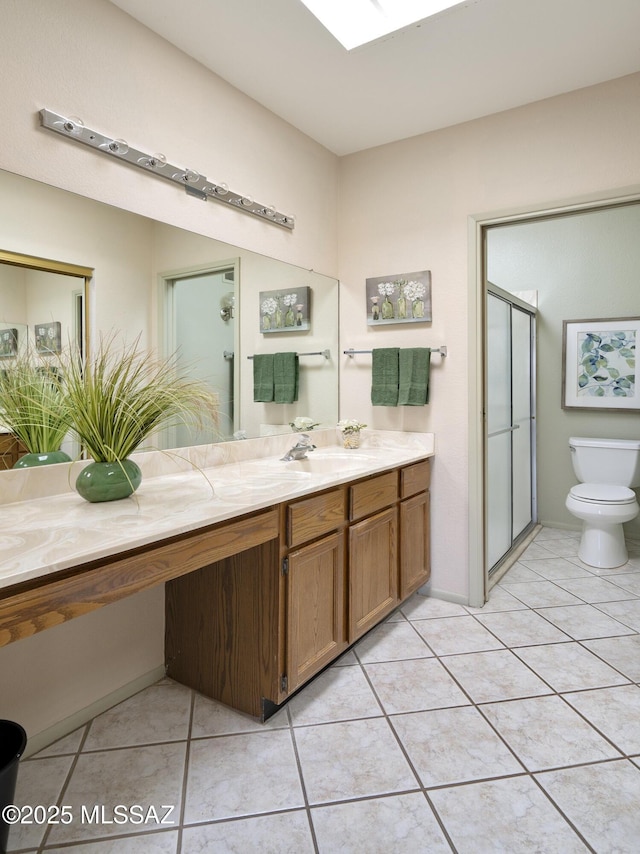 bathroom featuring vanity, a stall shower, tile patterned flooring, and toilet