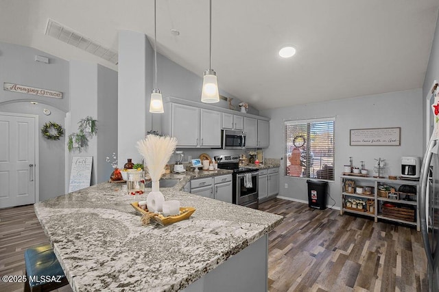 kitchen with lofted ceiling, decorative light fixtures, dark wood-type flooring, stainless steel appliances, and light stone counters