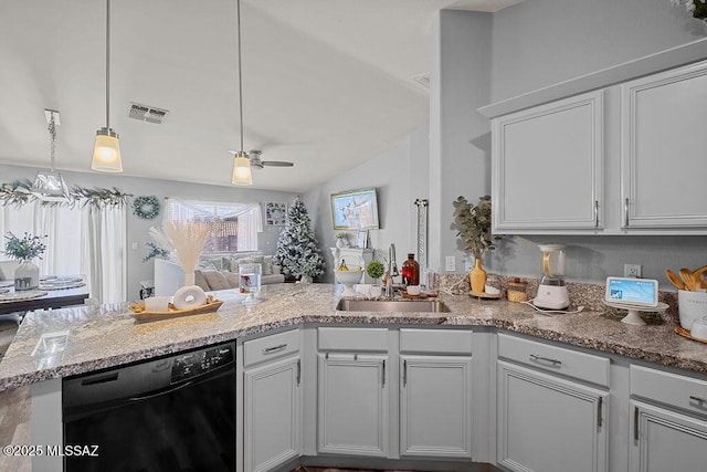 kitchen with sink, white cabinetry, kitchen peninsula, and dishwasher