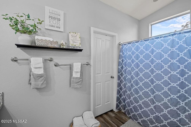 bathroom featuring wood-type flooring and a shower with shower curtain