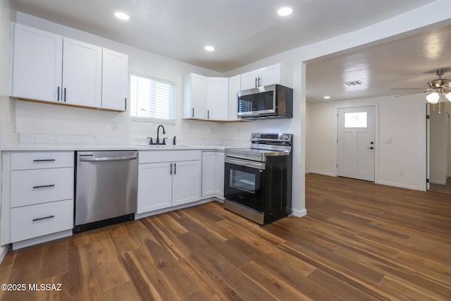 kitchen with white cabinetry, appliances with stainless steel finishes, sink, and dark hardwood / wood-style flooring