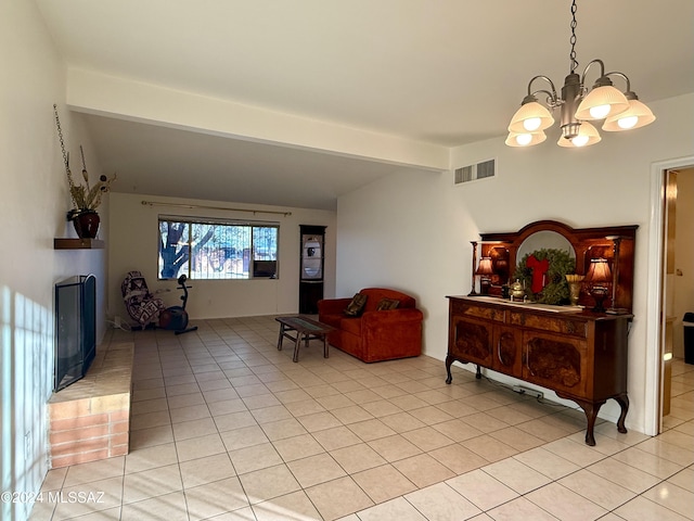 interior space featuring a brick fireplace, light tile patterned floors, beam ceiling, and a notable chandelier