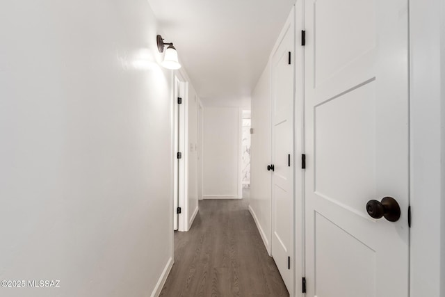 hallway with dark hardwood / wood-style flooring