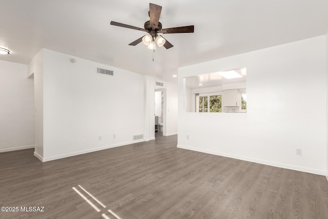 unfurnished living room featuring dark hardwood / wood-style floors and ceiling fan