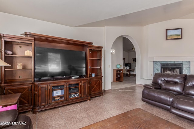 living room featuring a fireplace