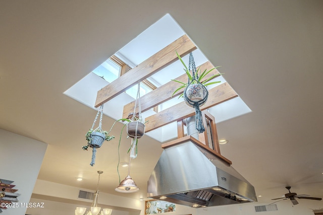 details with island exhaust hood and ceiling fan