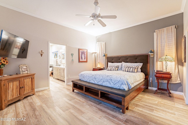 bedroom featuring ceiling fan, crown molding, ensuite bath, and light hardwood / wood-style floors