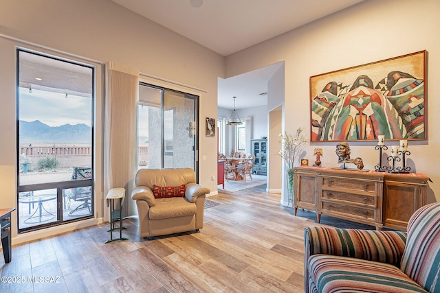 sitting room with a mountain view and light hardwood / wood-style flooring