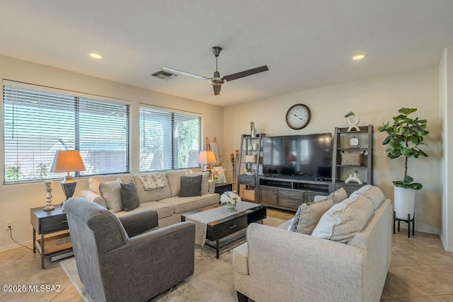living room with recessed lighting, light tile patterned floors, baseboards, ceiling fan, and visible vents