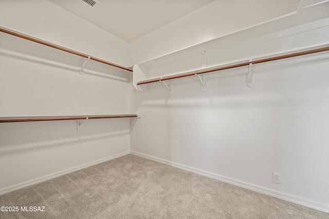 walk in closet featuring light colored carpet