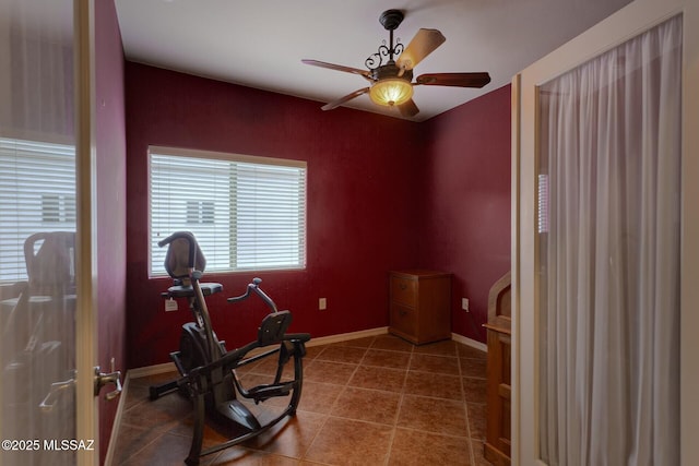 workout room with ceiling fan