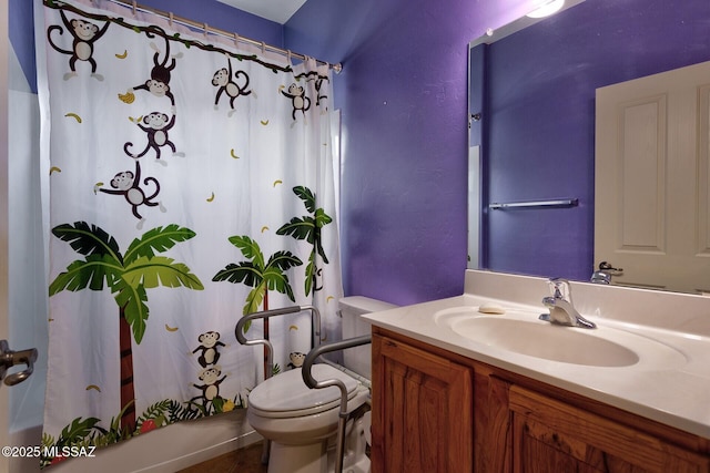 full bathroom featuring vanity, toilet, and shower / bath combo with shower curtain