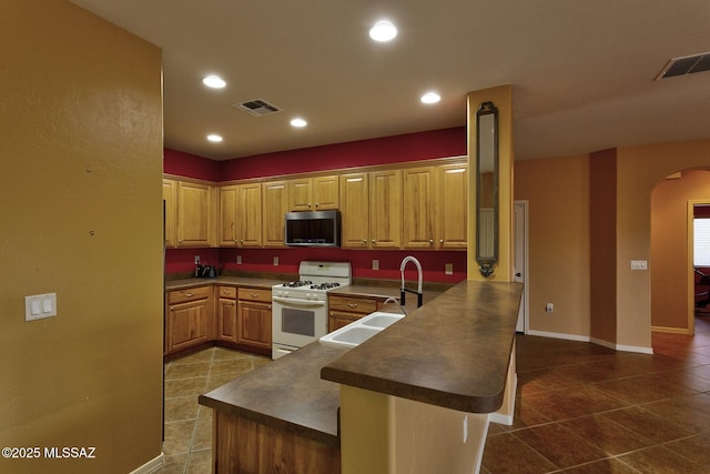 kitchen featuring kitchen peninsula, sink, and gas range gas stove