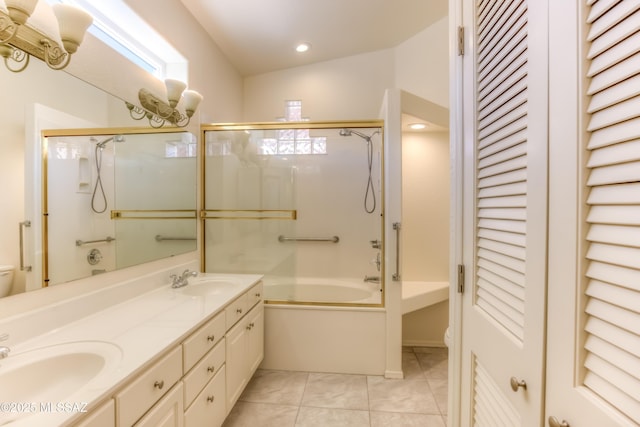 full bathroom with tile patterned flooring, vaulted ceiling, toilet, shower with separate bathtub, and vanity