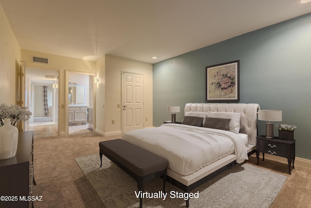 bedroom featuring baseboards, visible vents, ensuite bath, carpet floors, and recessed lighting