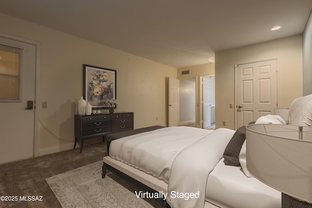 carpeted bedroom featuring recessed lighting, visible vents, and baseboards