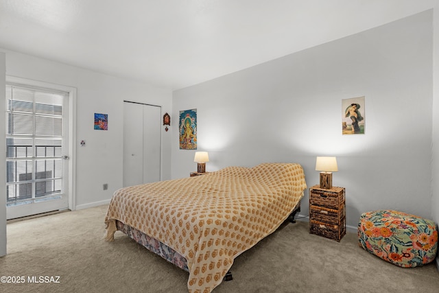 bedroom featuring light colored carpet and a closet