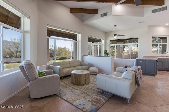 living room featuring beamed ceiling, sink, and ceiling fan