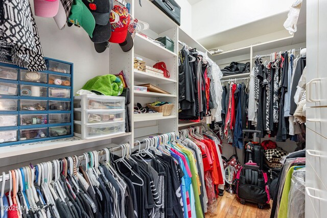 walk in closet with wood finished floors