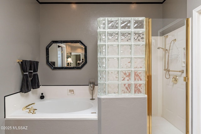 full bathroom featuring a walk in shower and a bath