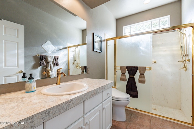 full bathroom with vanity, tile patterned flooring, a shower stall, and toilet