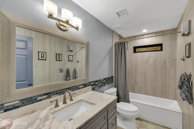 full bathroom featuring toilet, tasteful backsplash, tile walls, vanity, and shower / bathtub combination with curtain