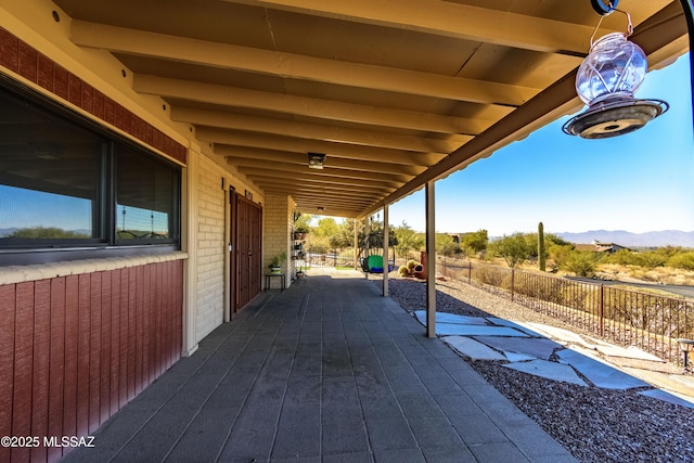 view of patio featuring a mountain view