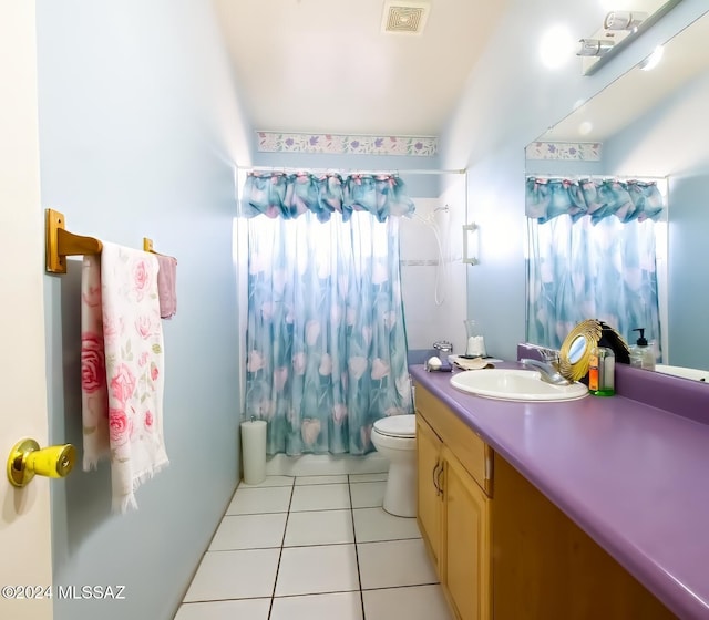 full bathroom featuring shower / tub combo, toilet, tile patterned flooring, and vanity