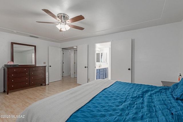 bedroom with ceiling fan, light hardwood / wood-style floors, and ensuite bathroom