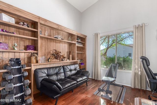 office space with dark hardwood / wood-style floors and high vaulted ceiling