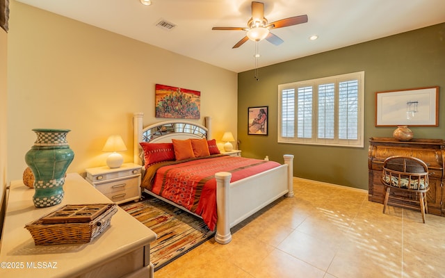 bedroom with light tile patterned floors, visible vents, ceiling fan, and recessed lighting